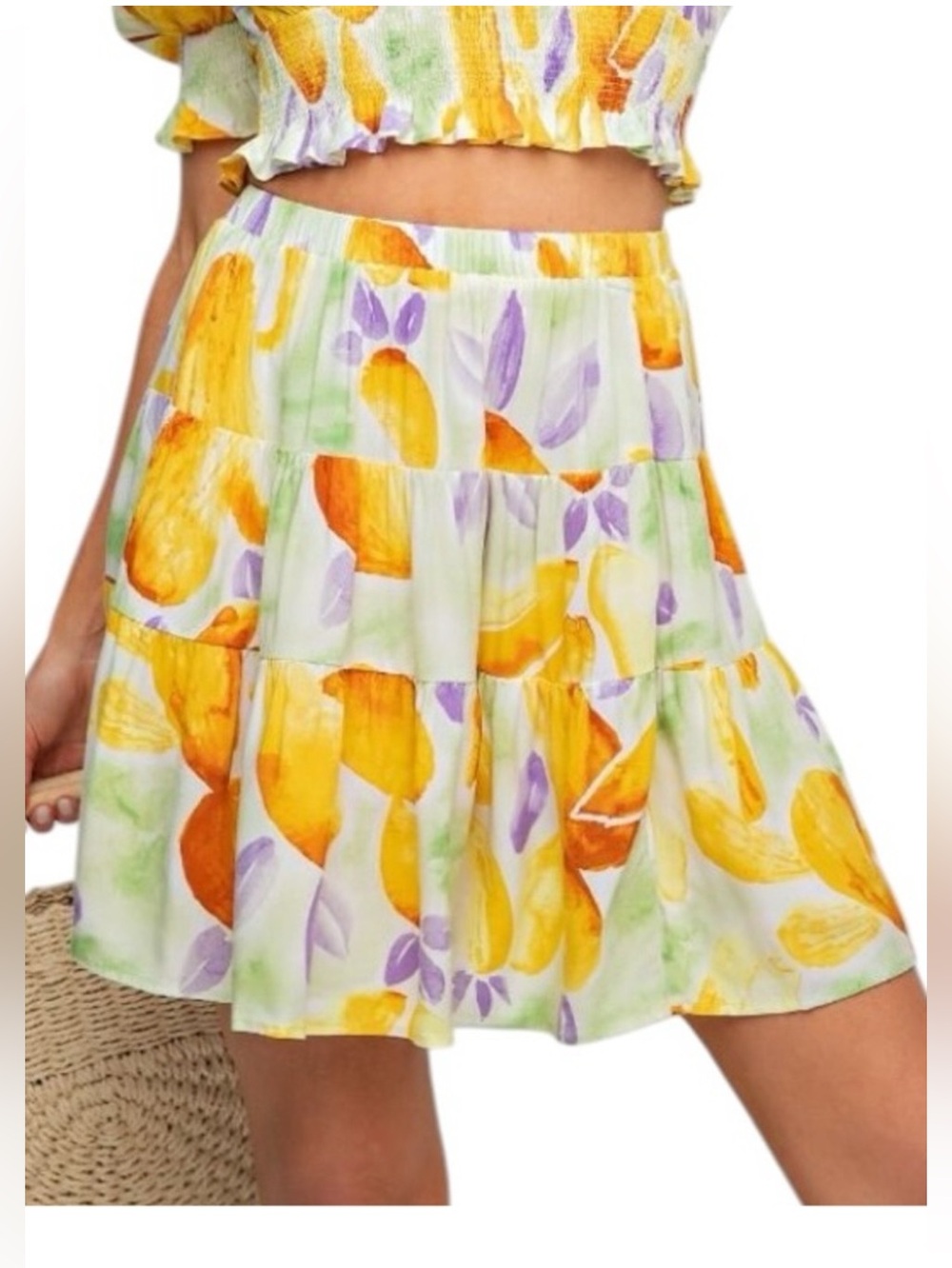 easel Los Angeles_Pastel Watercolor Tiered Skirt_Mango/Green/Coral_Size L